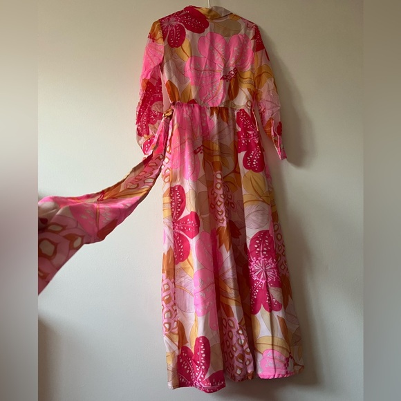 70’s Handmade Vintage Ruffle Button-Up Pink & Yellow Floral Maxi Dress w/ Belt - Picture 6 of 7